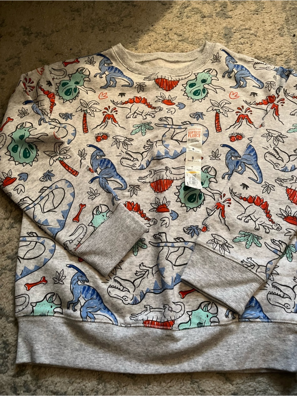jumping beans Gray Fleece Crew with Multicolor Dinosaur Print